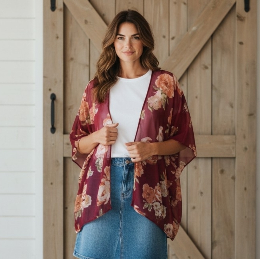 Buckle Burgundy Kimono With Cream And Bittersweet Flowers
